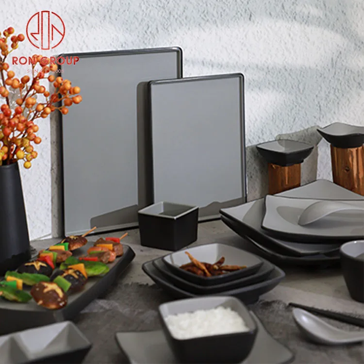 Japanese style high quality grey black food restaurant dinner round sushi plates bowls sets square tableware melamine dinnerware