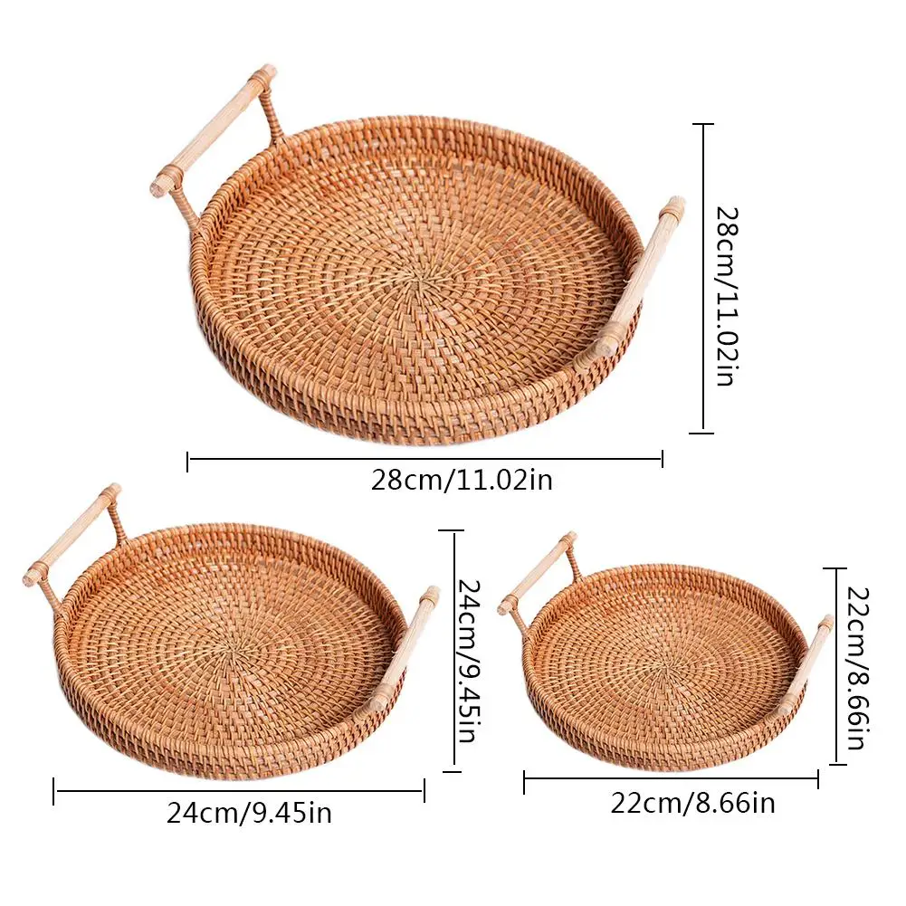 
Round Storage Tray Bread Basket Rattan Woven Storage Snack Fruit Plate Hotel Essential Oil Tray With Handle For Serving Dinner 