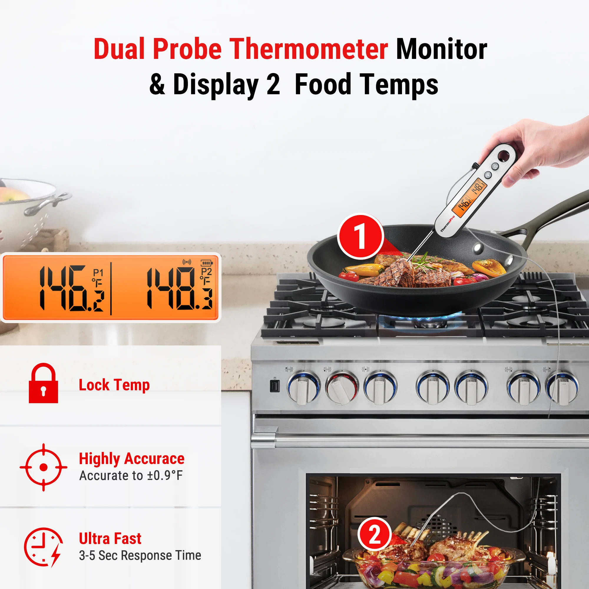 ThermoPro TP610 IPX5 Waterproof Digital Meat Food Thermometer with Dual Probes