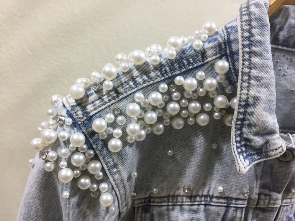 wholesale jacket Ladies short denim jacket women foreign trade beaded pearl loose autumn and winter new denim jacket