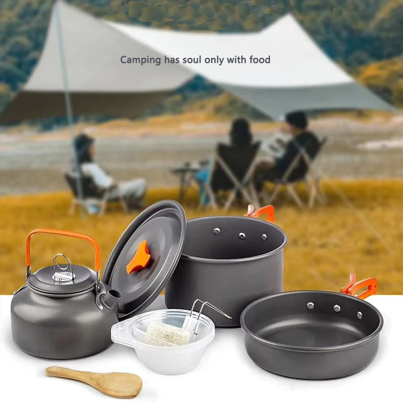 Factory Wholesale Multi-Color Outdoor Portable Cooking Pot Set Durable Ware Tea Pot and Pan Camping Cookware Sets