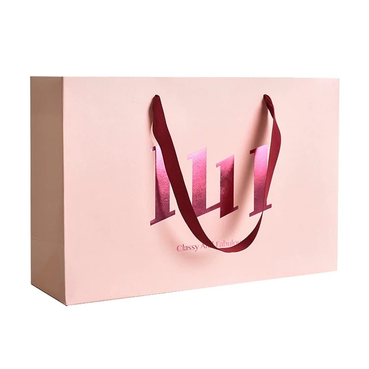 Women Fashion Accessories Packing Pink Gift Bags Custom Logo Paper Shopping Carrier Bag With Drawstring Black Ribbon Handle