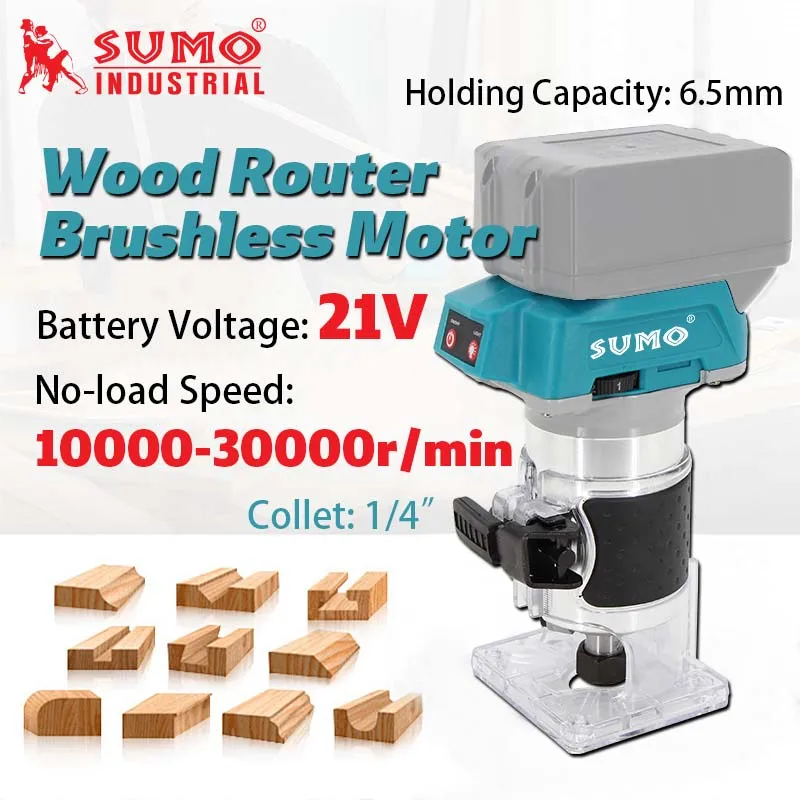 SUMO Hot Sell 21V 800W Lithium Brushless Cordless wood router hand tools Woodworking Battery Power Routers Cordless Router