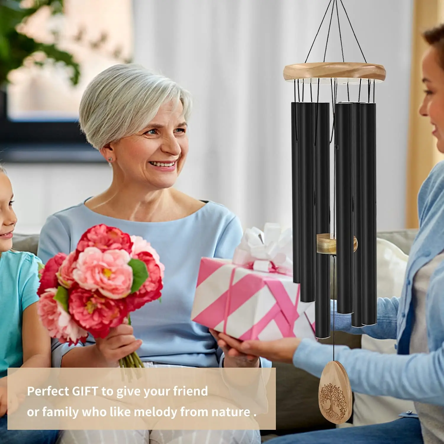 Wind Chimes Silver Memorial Gift Set for Loss of a Loved one, Long deep Tones Memorial  Wind Chimes