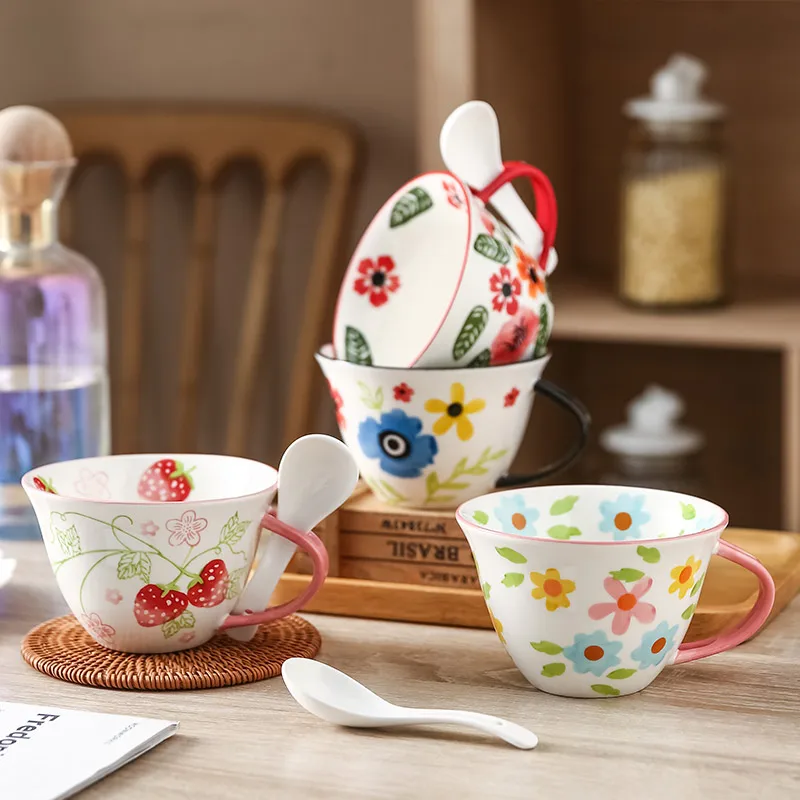 Wholesale In Stock Reusable Handmade Mug Ceramic Drinkware Hand-Painted Stoneware Coffee Cup With Underglaze Color