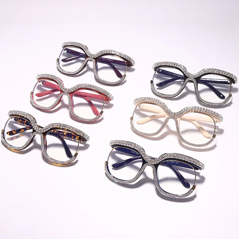 2022 New trendy diamond glasses anti blue light optical frames eyeglasses women  latest spectacle frames in stock
