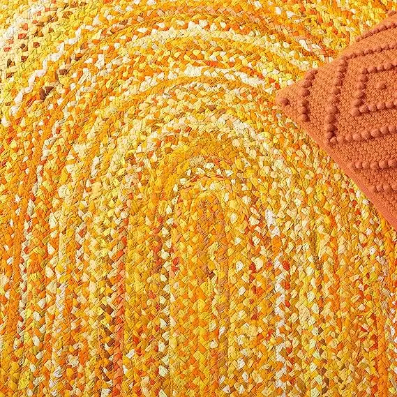 Handmade 100% Jute Designer Embroidered Rug Yellow Oval Shape with Fringes for Living Room Bedroom Prayer Car Decor