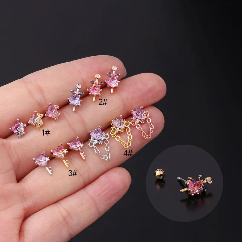 20G stainless steel piercing earrings color zircon ear bone nails Korean screw ball earrings