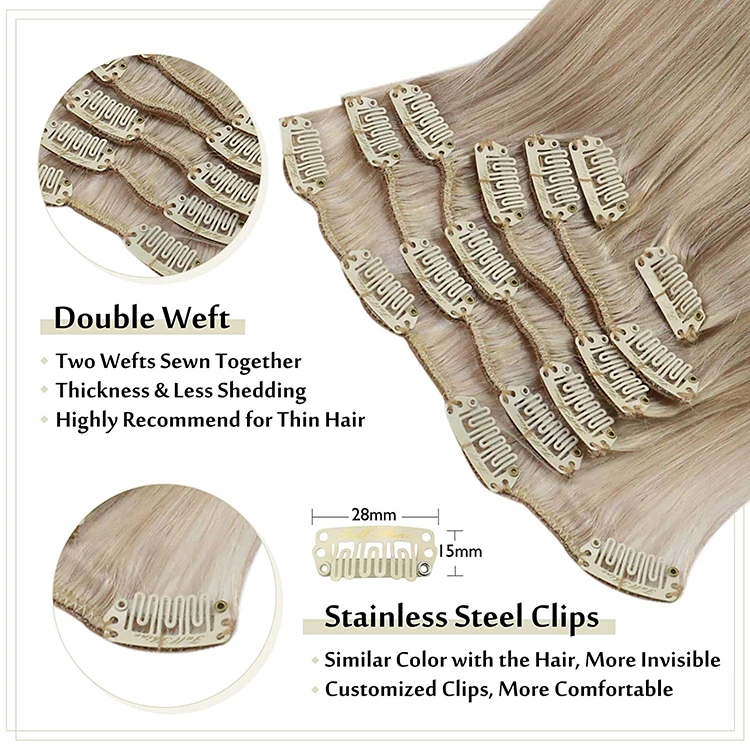 Full Shine Hot Sale Remy Human Hair Clip in Extensions Balayage #18/22/60 Ash Blonde to Platinum Blonde Clip in Hair Extensions