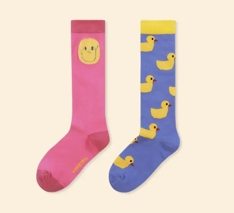 AIDU Hot sale Japan cute duck smile yellow pink woman designer socks custom long socks knee high socks girls