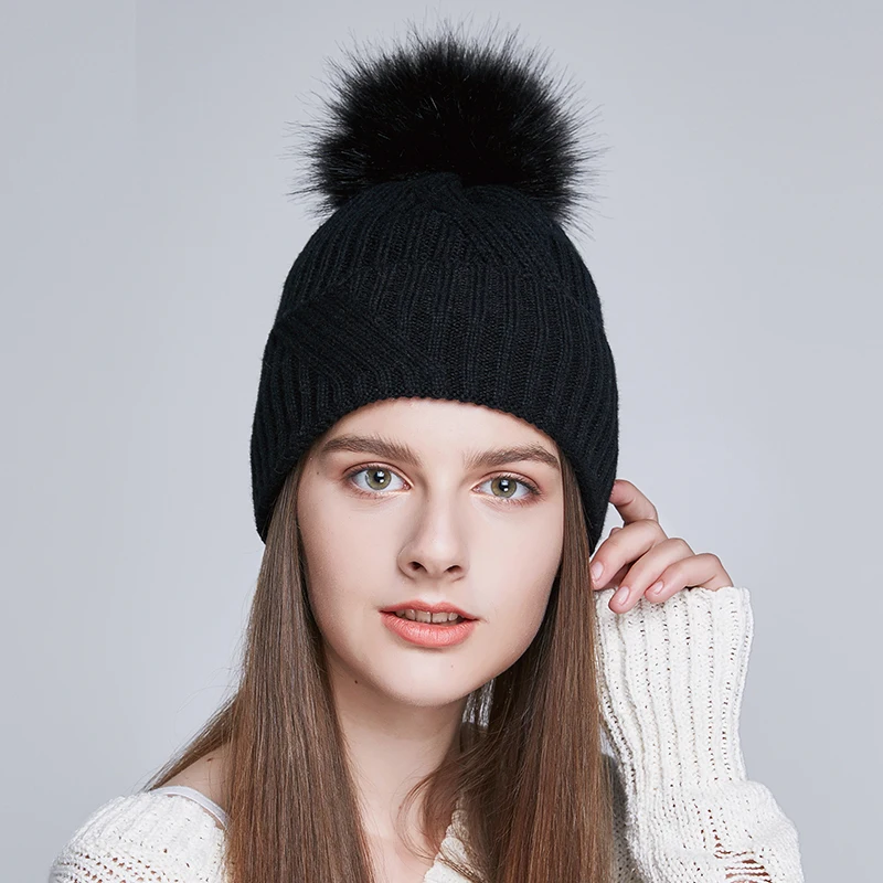 Wholesale Womens Cuff Beanie with Faux Fur Pompom Winter Knitted Wool Blend Hats with Custom Logo Faux Fur Balls Ski Hats