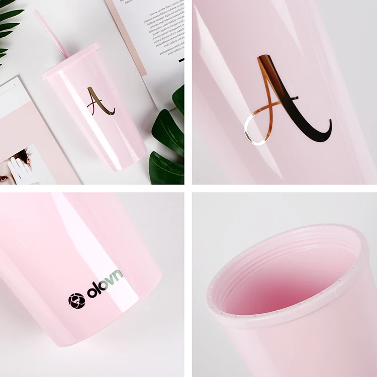 Private Reusable Clear Custom Tumbler with Straw, 16 oz Plastic Wholesale Insulated Tumbler Cup in Bulk