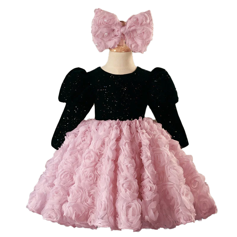 Sequined black princess dress 3D Flowers kids toddler 1 year birthday dress puffy ball gown girls dresses for party