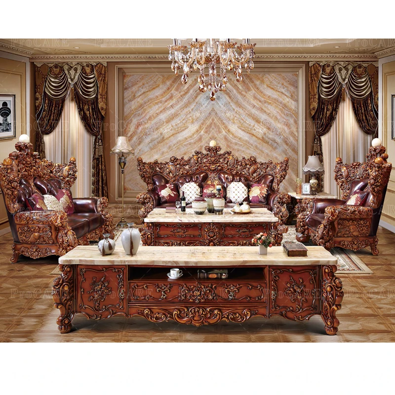 ProCARE European sofa  American villa living room genuine leather solid wood carving etro 124 living room sofa sets