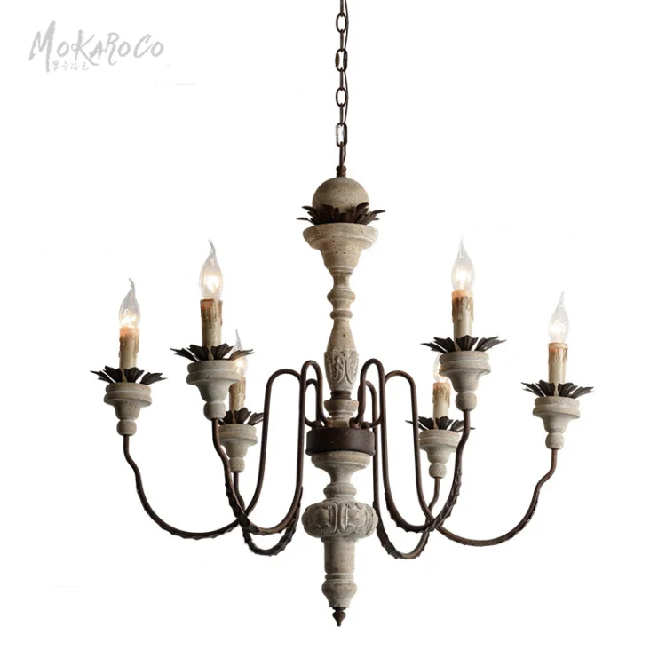 French chandelier in rural neoclassical living room wood carving simple European villa double staircase long chandelier