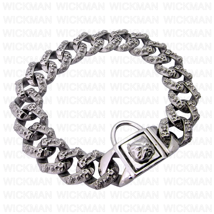stainless steel chains in antique skull head link bully dog face buckle with hook leather metal luxury dog collar and leash set