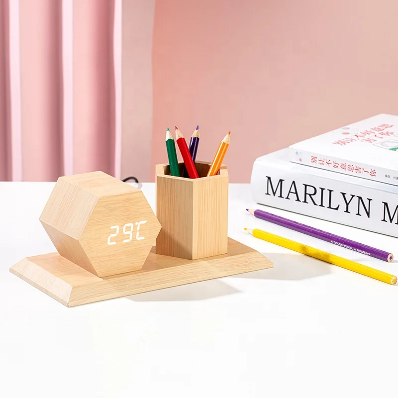 KH-WC077 Office Многофункциональный Электронный Цифровой температурный дисплей стол настольная деревянная подставка для ручек с светодиодные