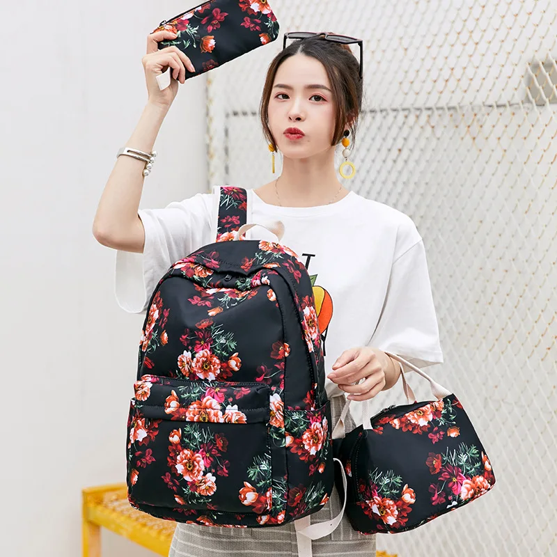 
3pcs/set Nylon Waterproof Printing backpack Women School Bag for Teenagers Girls Student Bookbag with Lunch Box 
