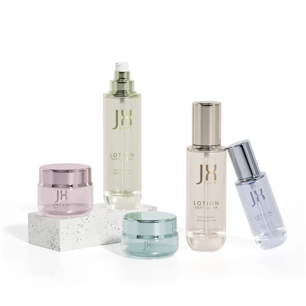 Luxury sky blue transparent 30g 50g 50ml 100ml 120ml glass cosmetic bottle and jar skincare packaging set with silver cap