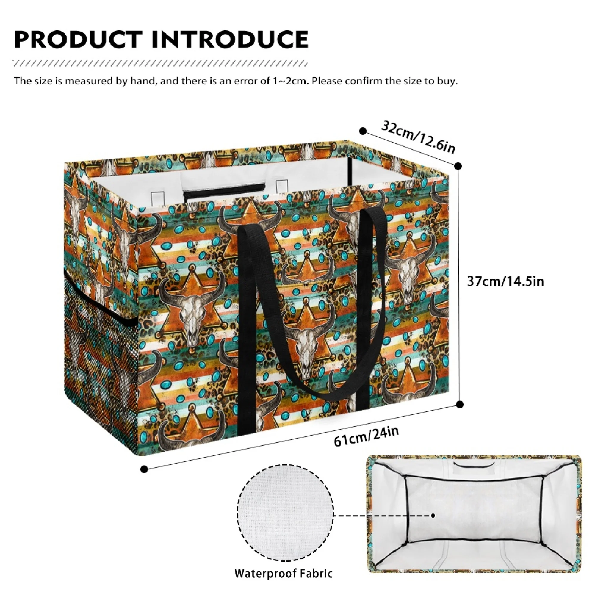 American Style Cow Bull Head Leopard Turquoise Striped Laundry Basket