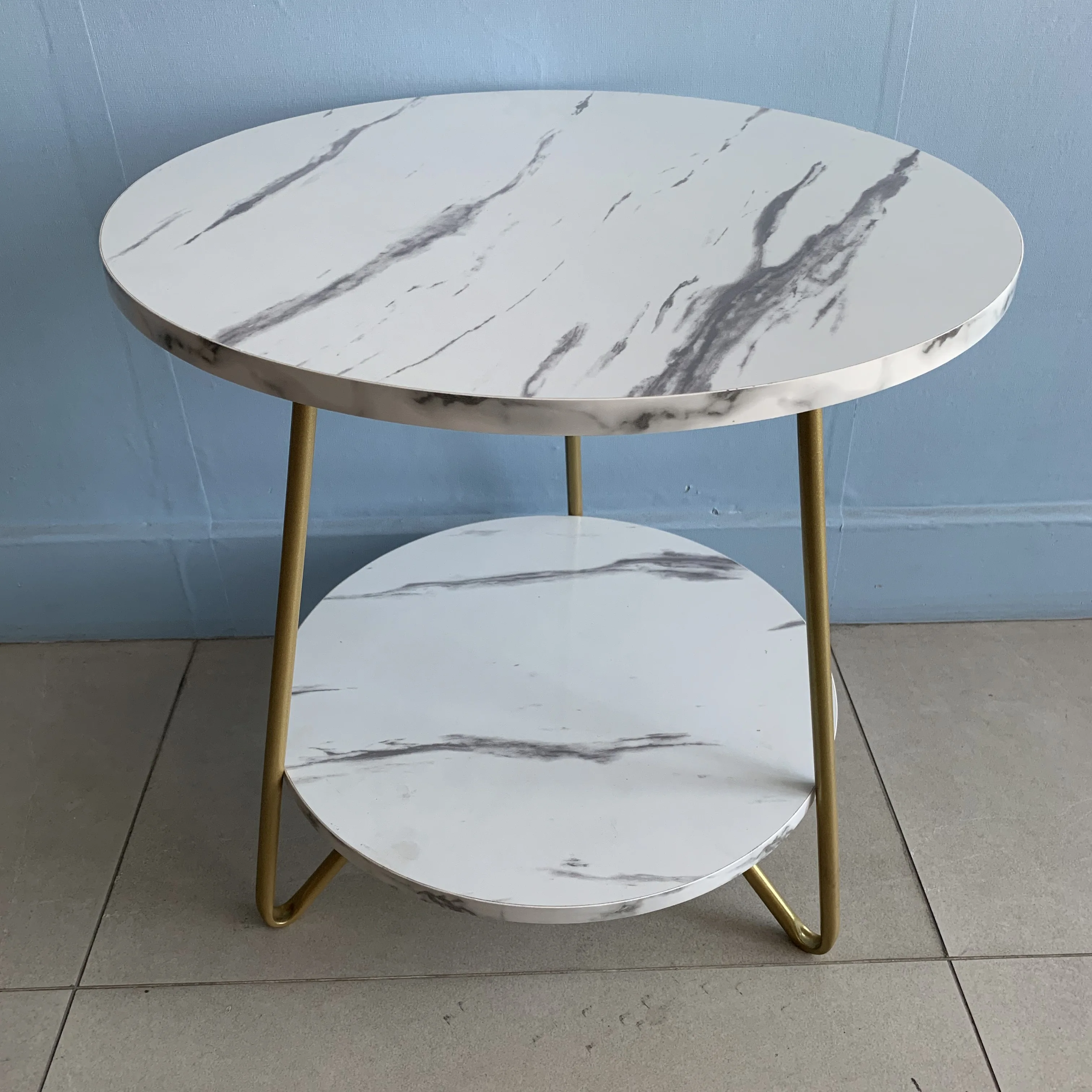 Marble Top Side Table Gold: 2 Tier Round Shape Small Design Coffee Table Bedsides with Metal Golden Legs, End Side Table Bedroom