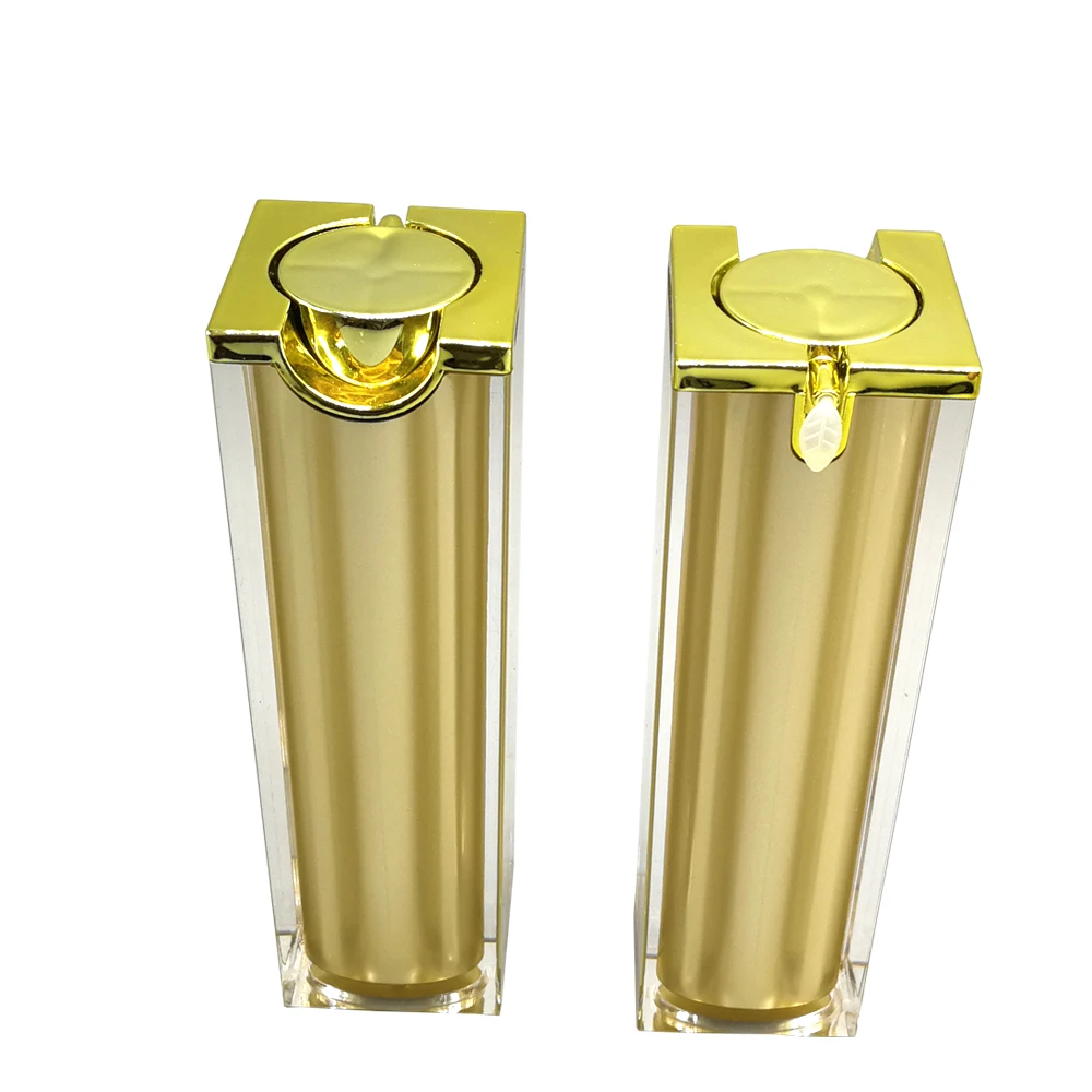 Customized 15ml 30ml 40ml 50ml Gold Square Acrylic Airless Pump Bottle for Cosmetics