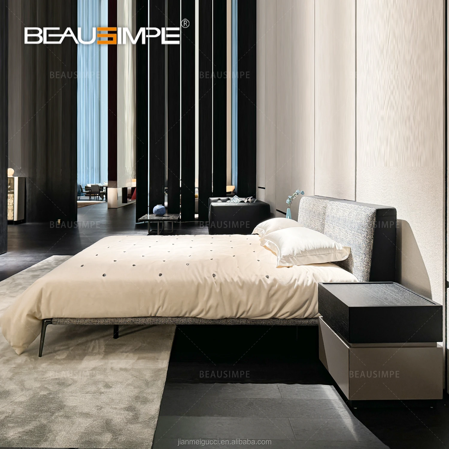 Upholstered bed composed of two cushion headboard with light  bed frame in lacquered metal linear design fabric genuine leather