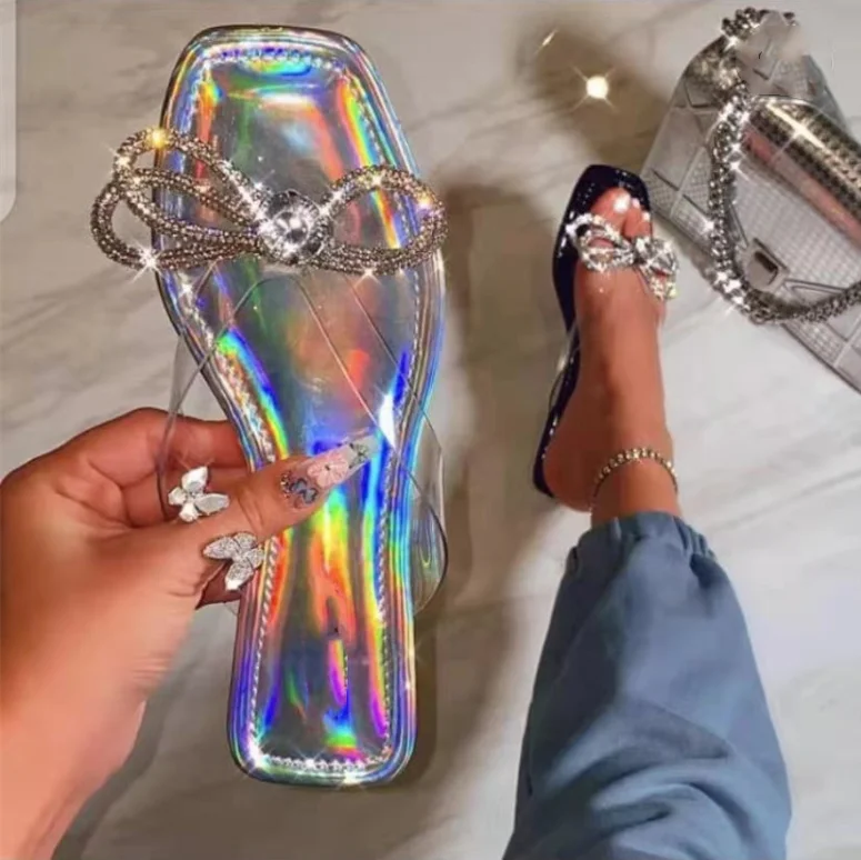Summer New Quality Colorful Rhinestone mujer luxury chaussur  bowknot girl flat jelly sandal shoes