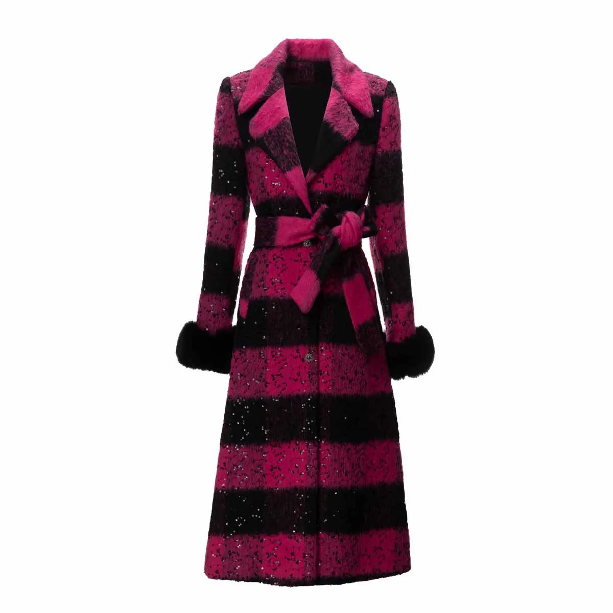 Shiny Sequin Trim Slim Fit Warm Coat Fox Fur Luxury Lining Formal Mid Length Woolen Woven Long Standard Polyester Cuff Women
