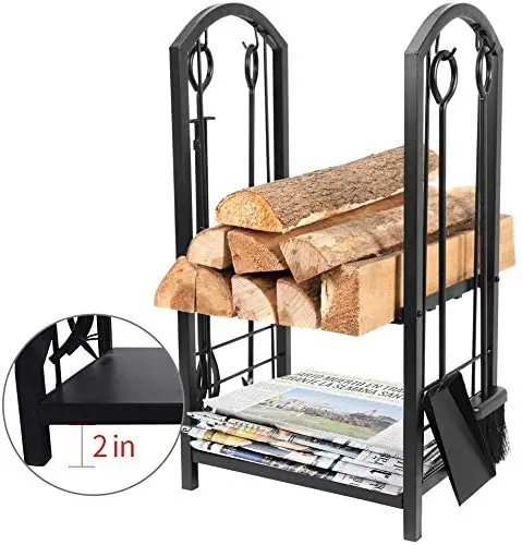 Firewood Rack Fireplace Tool Log Rack Holder Rack Storage Stacking Black Stove Wrought Iron Tongs Accessories