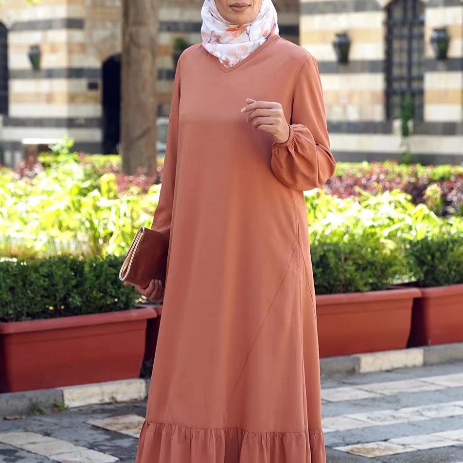 Popular Ruffle Hem Rayon Abaya Long Sleeve Maxi Dresses Women Islamic Clothing Dubai Arabian OEM