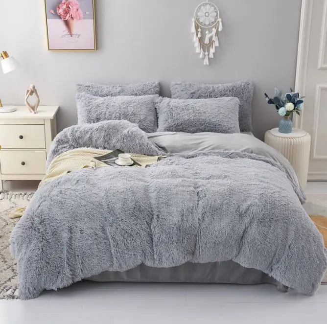 Grey Fluffy Comforter Cover Bed Set Faux Fur Fuzzy Duvet Cover Set Luxury Ultra Soft Plush Shaggy Duvet Cover 3 Pieces
