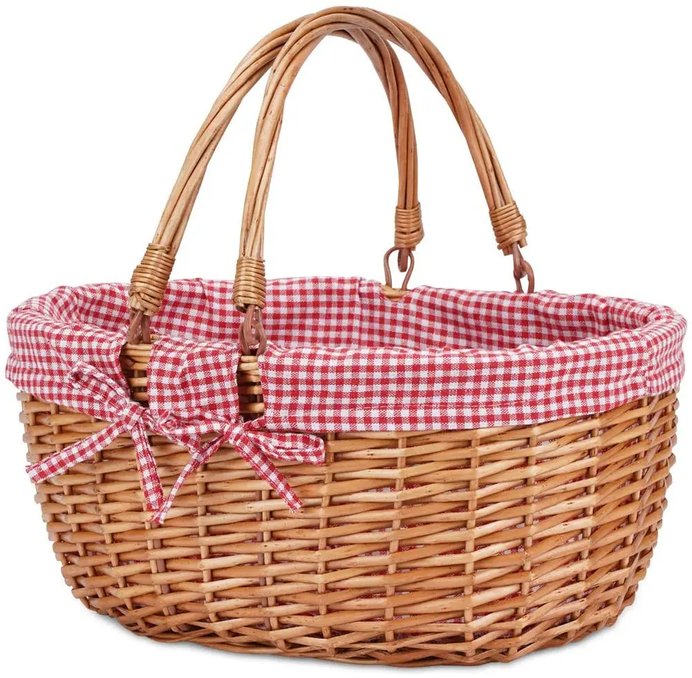 Picnic Basket Natural Woven Woodchip with Double Folding Handles
