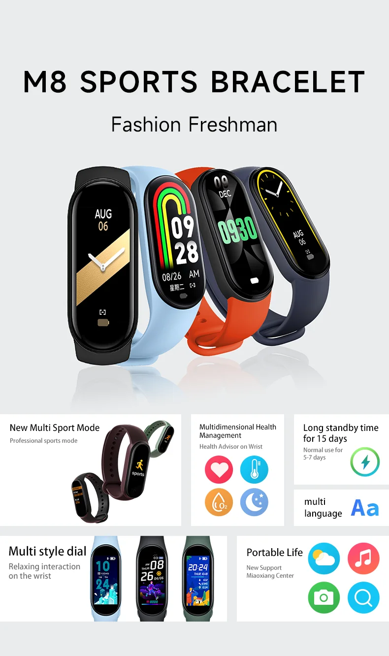 Wholesale Cheap Price M8 Smart Watch Wristband Bracelet Step Counter Remote Photo Music Control Smartwatch M8 M7 M6 M5 M4 M3