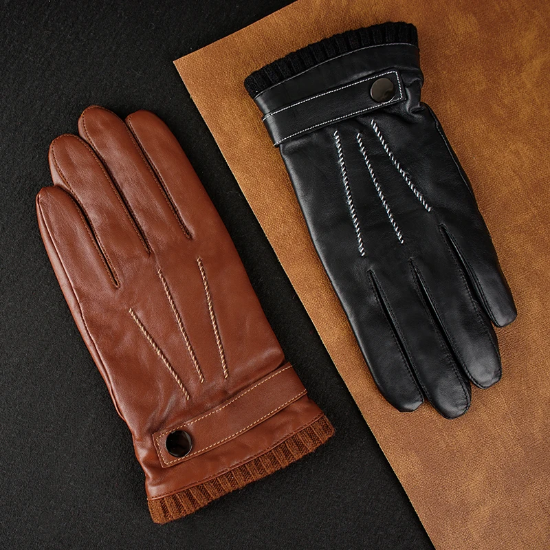 Fleece Wool Lined Black Brown Cognac Blue Mens Winter Genuine Sheepskin Leather Gloves With Wool Blend Cuff
