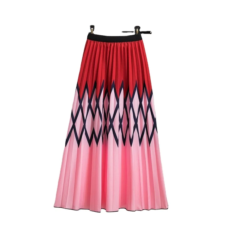 
2021 New printed skirt women elastic waistband midi length pleated skirt 