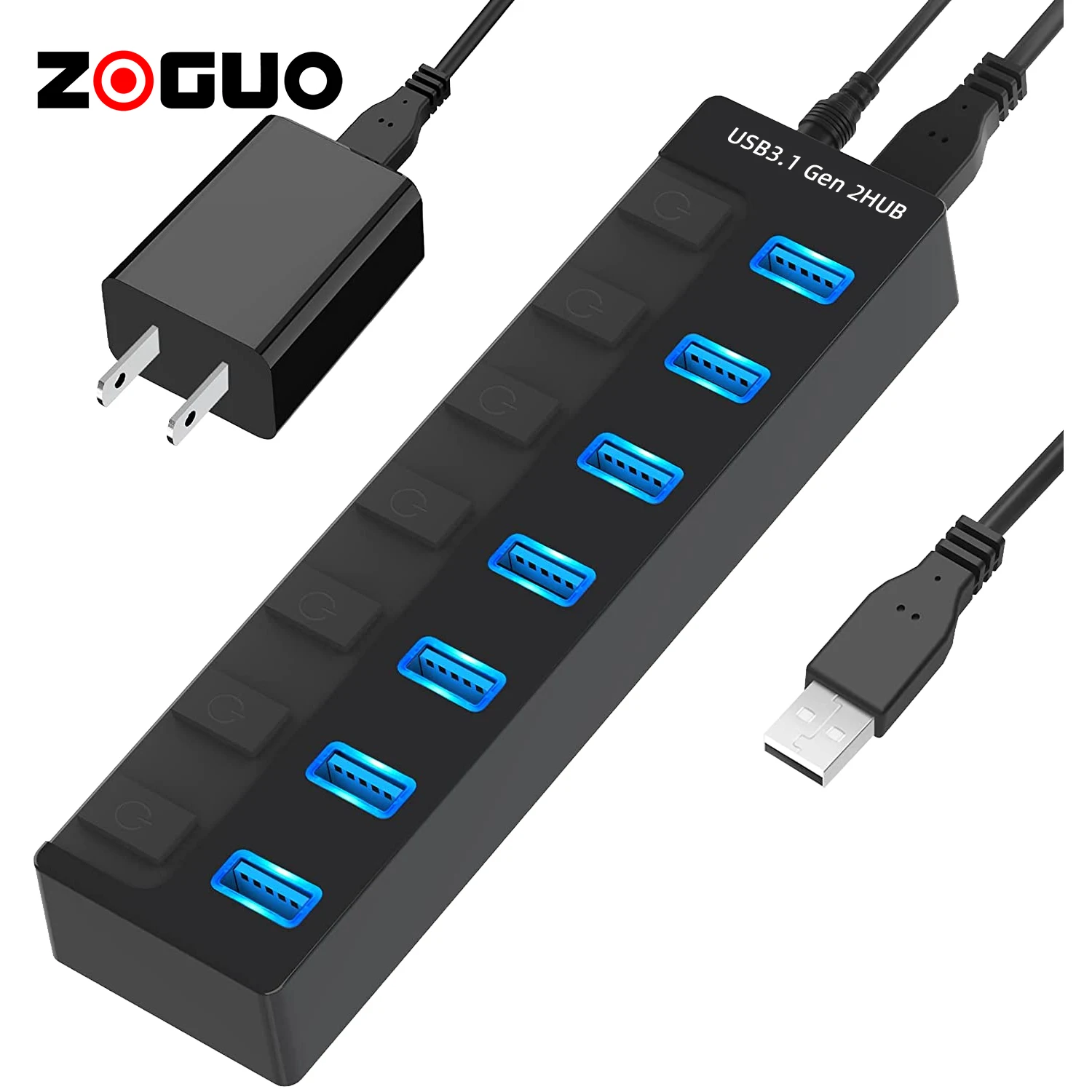 Черный USB-концентратор с 7 зарядными портами индивидуальные переключатели питания