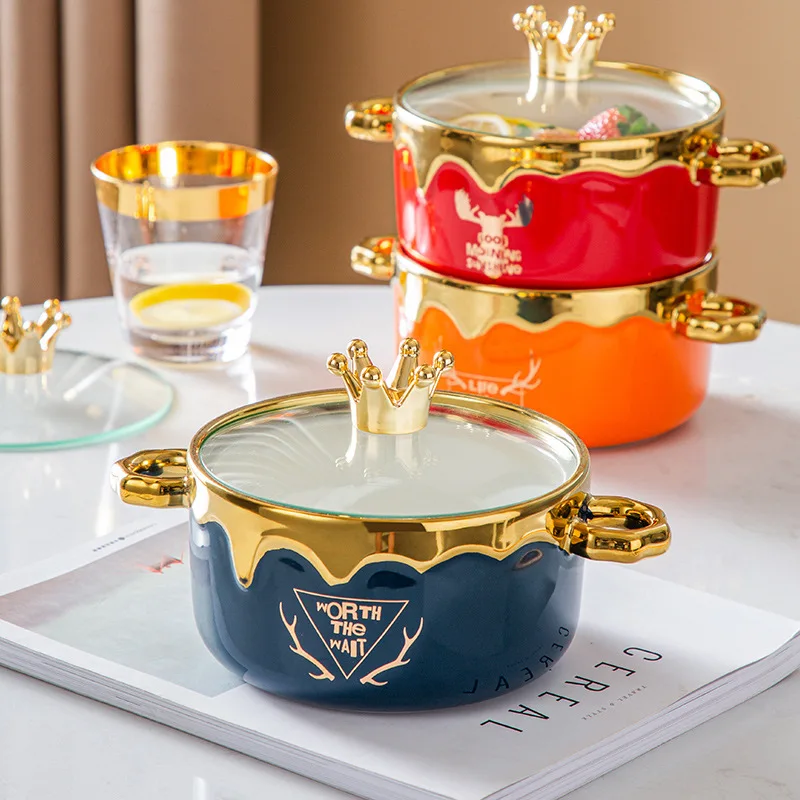 Ceramic Instant Noodle Bowl Korean-Style Under glazed Baked Rice Bowl With Glass Lid Suitable Microwave