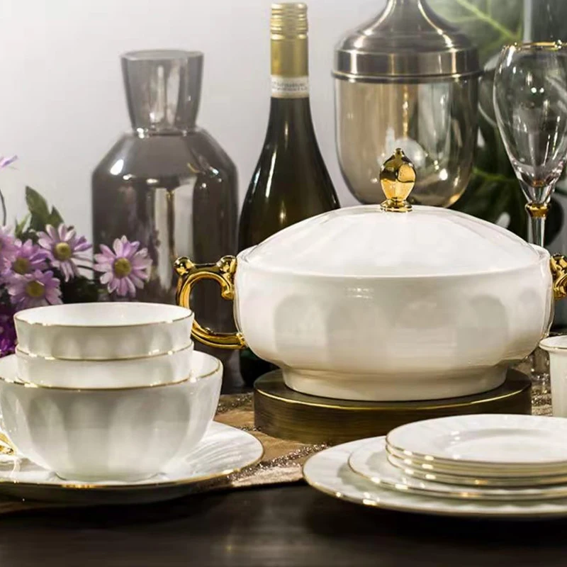 58pcs fine bone china dinnerware set european embossed gold plate tableware set turkey market