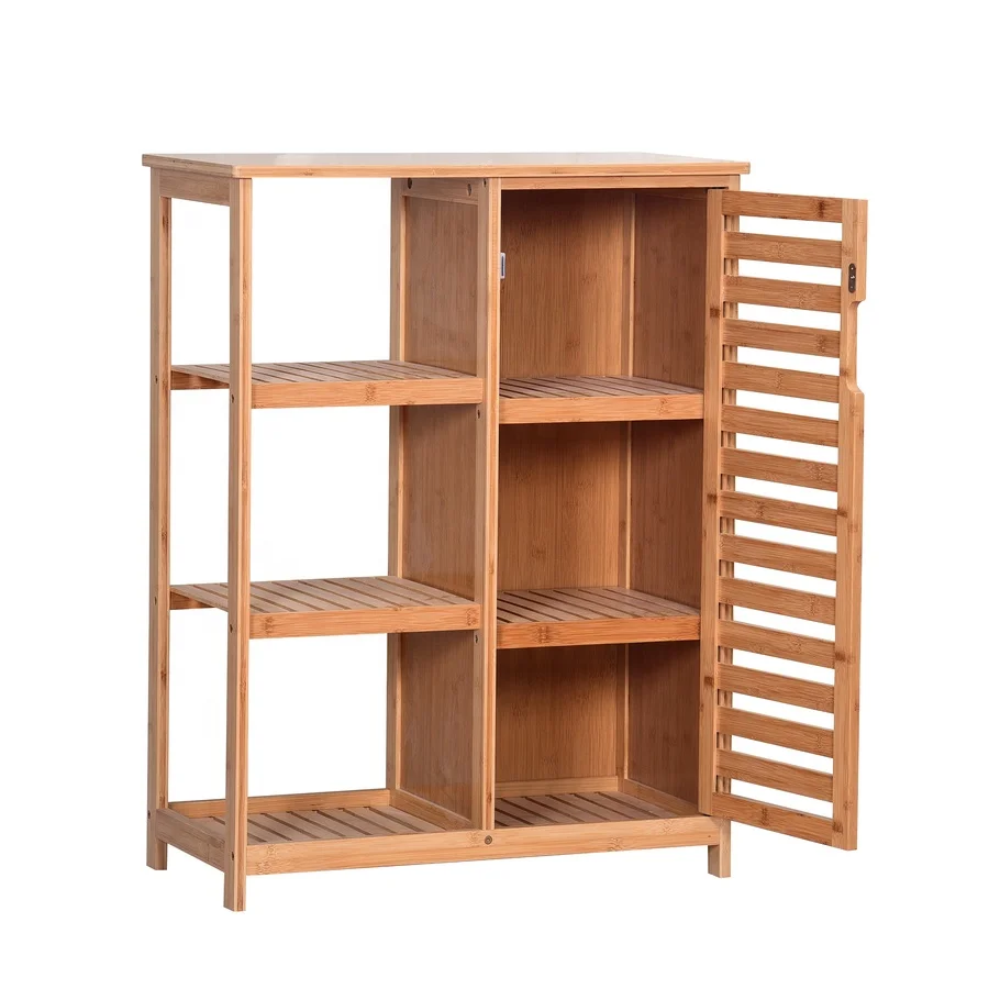 Bathroom Storage Bamboo Floor Cabinet Organizer with Door 3-tier Open Shelf Multipurpose Closed Compartments Kitchen Living Room