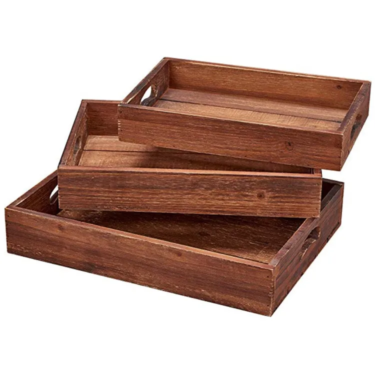Set of 3 Multipurpose Nesting Designs Bamboo Food Tray Rustic Farmhouse Stackable Solid Wooden Serving Trays