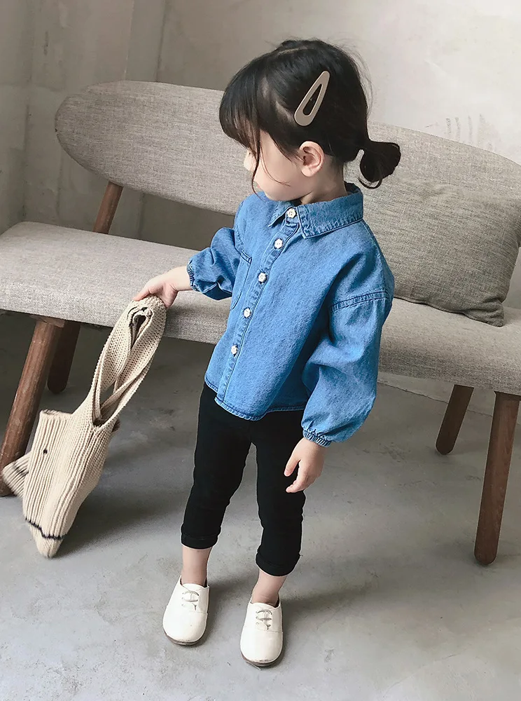 
Factory Wholesale Cute Bowknot Belt Design Button Down Casual Blouse Puff Sleeve Girls Shirt Kids Denim Shirts 