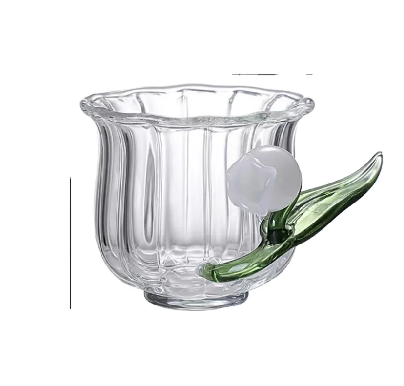 Custom Striped Glass Breakfast Milk Cup With Handle Lily Of The Valley Tea Cup Home Borosilicate Glass