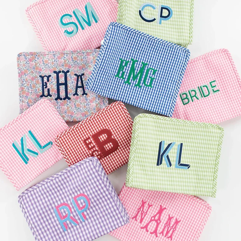 Custom Travel Toiletry Bag Monogrammed Roadie Bag Travel Jewelry Cosmetic Makeup Gingham Pouch
