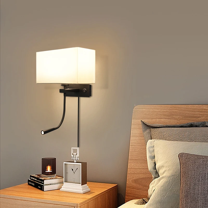 Dimmable Flexible Gooseneck Wall Mount Mounted Bedside Reading LED Light Lamp with USB Port and  double switch Cloth lampshade