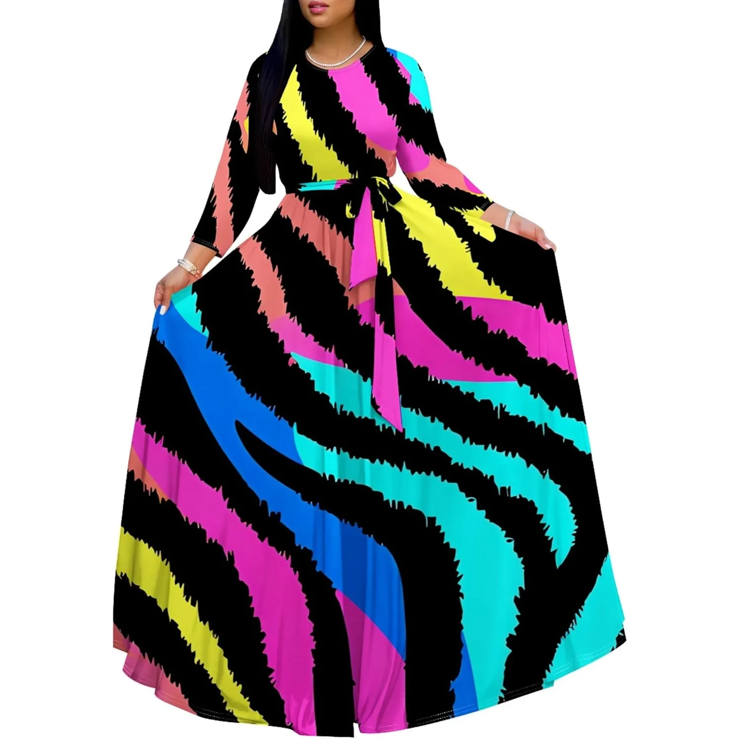 4XL 5XL ODM Plus Size Maxi Dress for Women Curvy Summer Casual Crew Neck Long Sleeve Fashionable Bodycon Party Flowy Full Dress