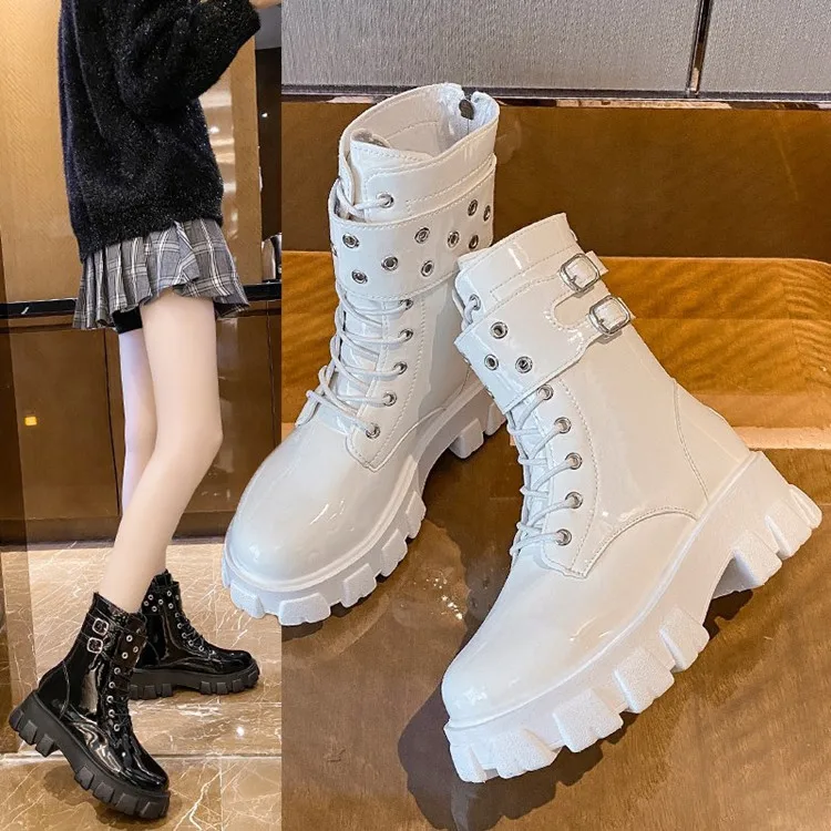 Martin Boots Alone Handsome Knight Boots 2022 Autumn European and American New Style Thick-soled Buckle Patent Leather Women PU