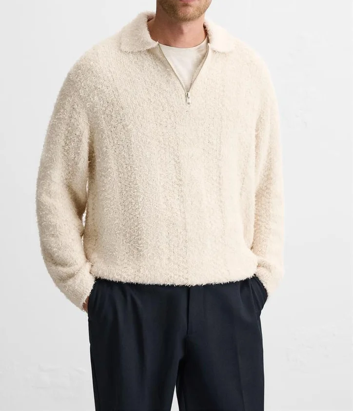 Man Dress Autumn Winter Warm Texture Oversize Knitted Polo Shirt Sweater Half Zip Rib Hem Turn-down Collar High Quality Sweater