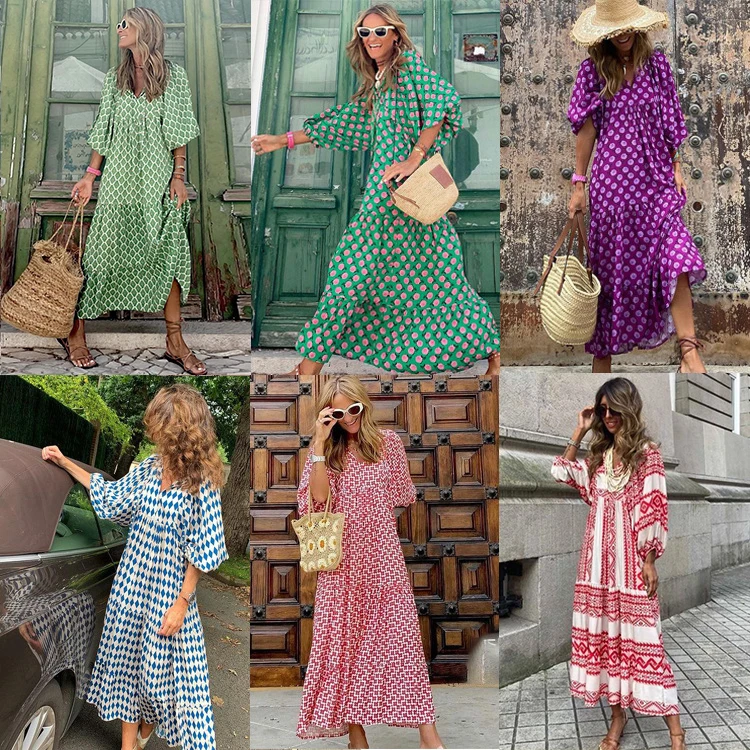Manufacturer Fashion Wholesale Geometric collage puff sleeve dress streetwear street plus size Maxi Dress