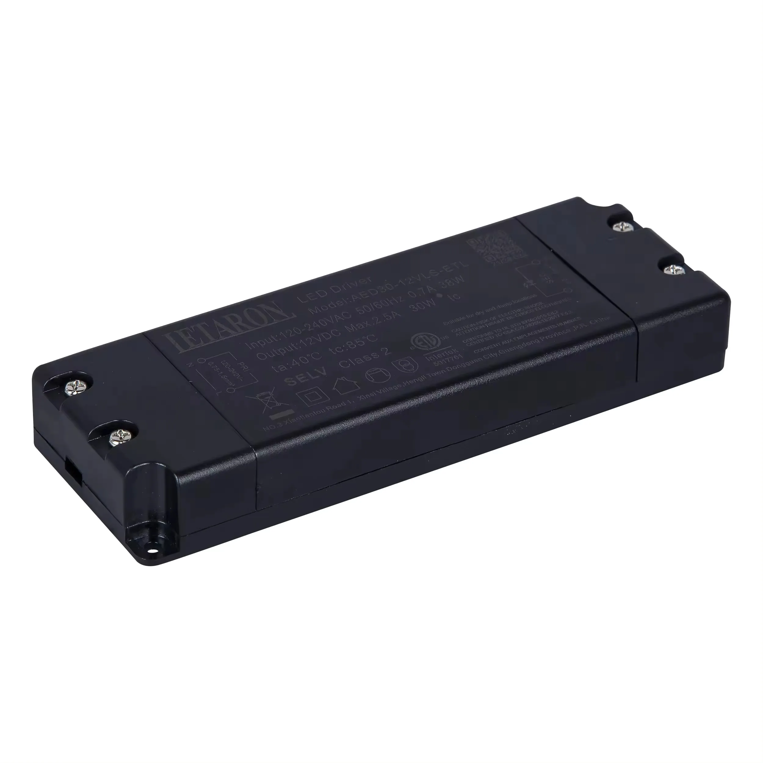 Сверхтонкий светодиодный драйвер LETARON 12/24VDC 1250/2500mA 30 Вт 220-240VAC 50/60 Гц 142x50x22 мм IP44